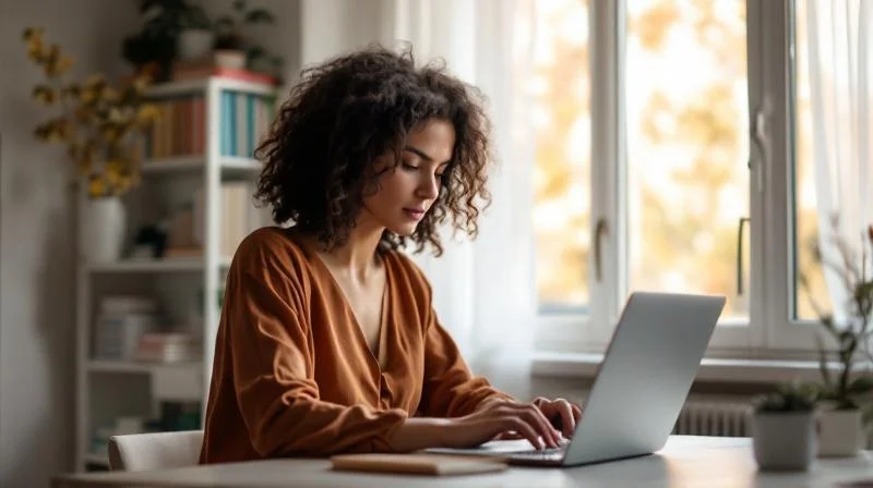 Frau recherchiert am Laptop in einer hellen Kölner Altbauwohnung