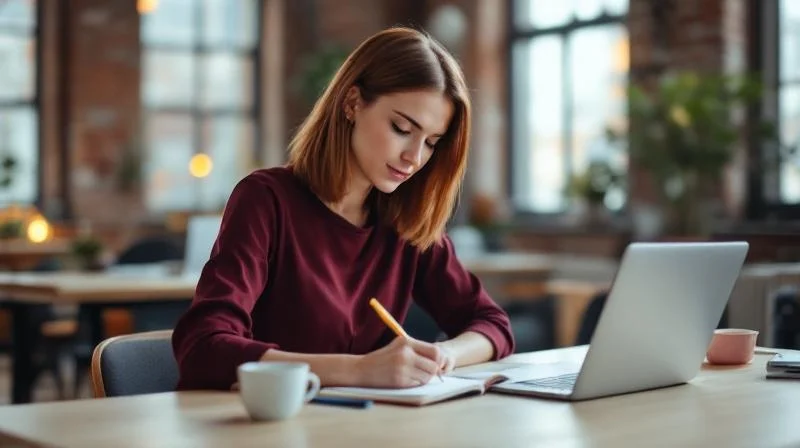 Frau praepariert sich mit Notizen auf eine IHK-Prüfung in einem Kölner Coworking Space