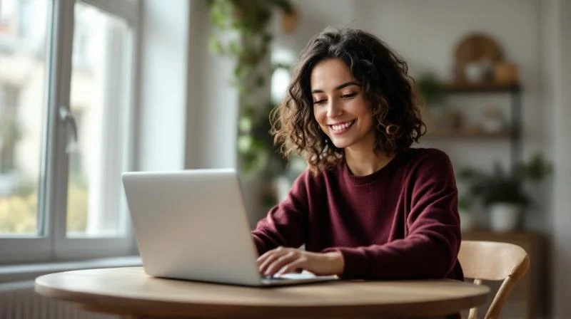 Frau arbeitet konzentriert am Laptop in einem hellen Kölner Altbauzimmer